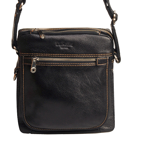 Черная мужская кожаная сумка на плечевом ремне с коричневой отделкой Dr.Koffer B402319-02-04