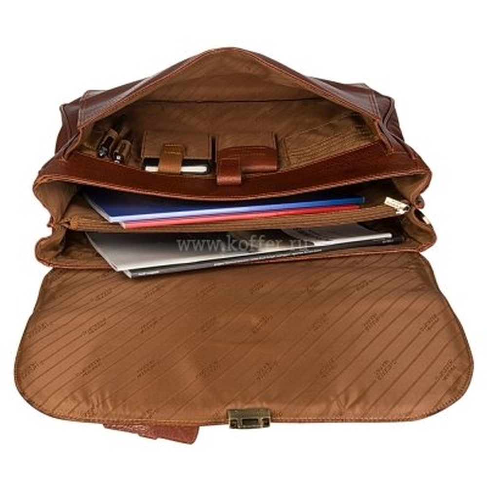 Вместительный мужской портфель вытянутой формы с плечевым ремнем на карабинах (коричневого цвета) Dr.Koffer B284320-02-05