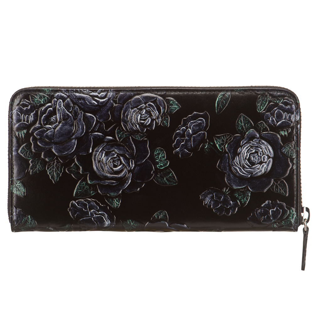 Вместительное женское портмоне из черной кожи с рельефными розами на молнии Dr.Koffer X510330-182-04