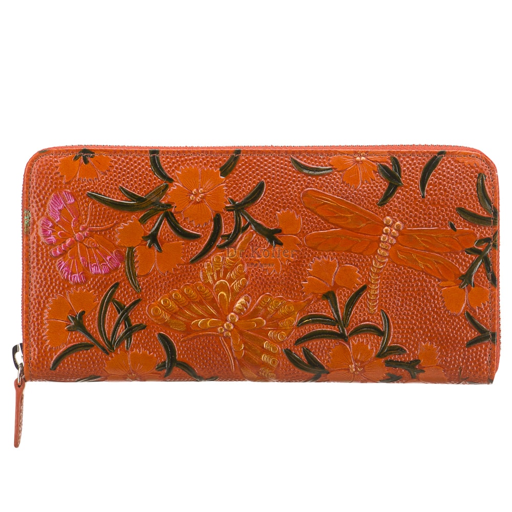 Оранжевое женское портмоне из кожи с рельефными стрекозами и цветами и конструкцией "гармошка" Dr.Koffer X510330-183-58