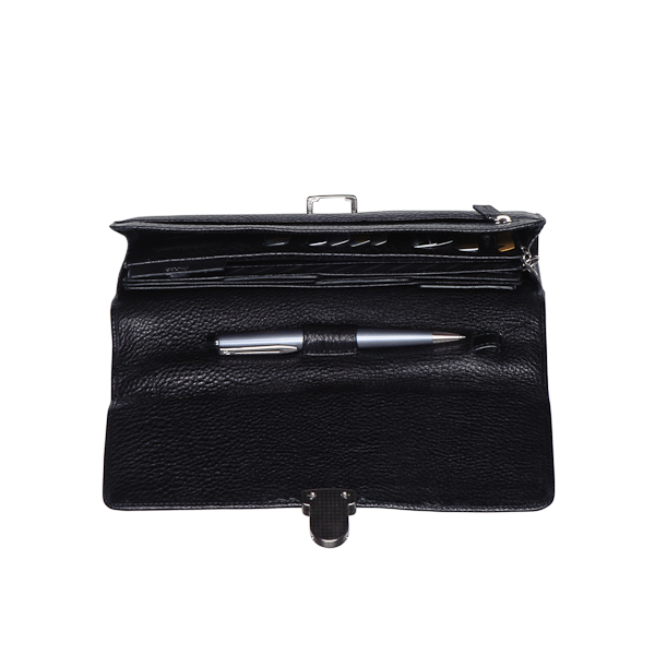 Кожаная черного цвета сумка-визитка с выдвижной ручкой-ремешком и множеством карманов Dr.Koffer X510204-02-04