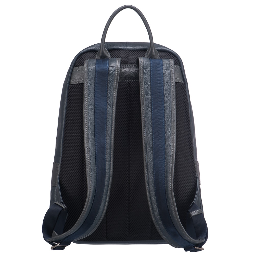 Мужской рюкзак из натуральной кожи синего цвета с отделкой из серой кожи с большим количеством карманов Dr.Koffer M402593-220-60/77