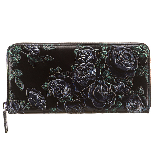 Вместительное женское портмоне из черной кожи с рельефными розами на молнии Dr.Koffer X510330-182-04