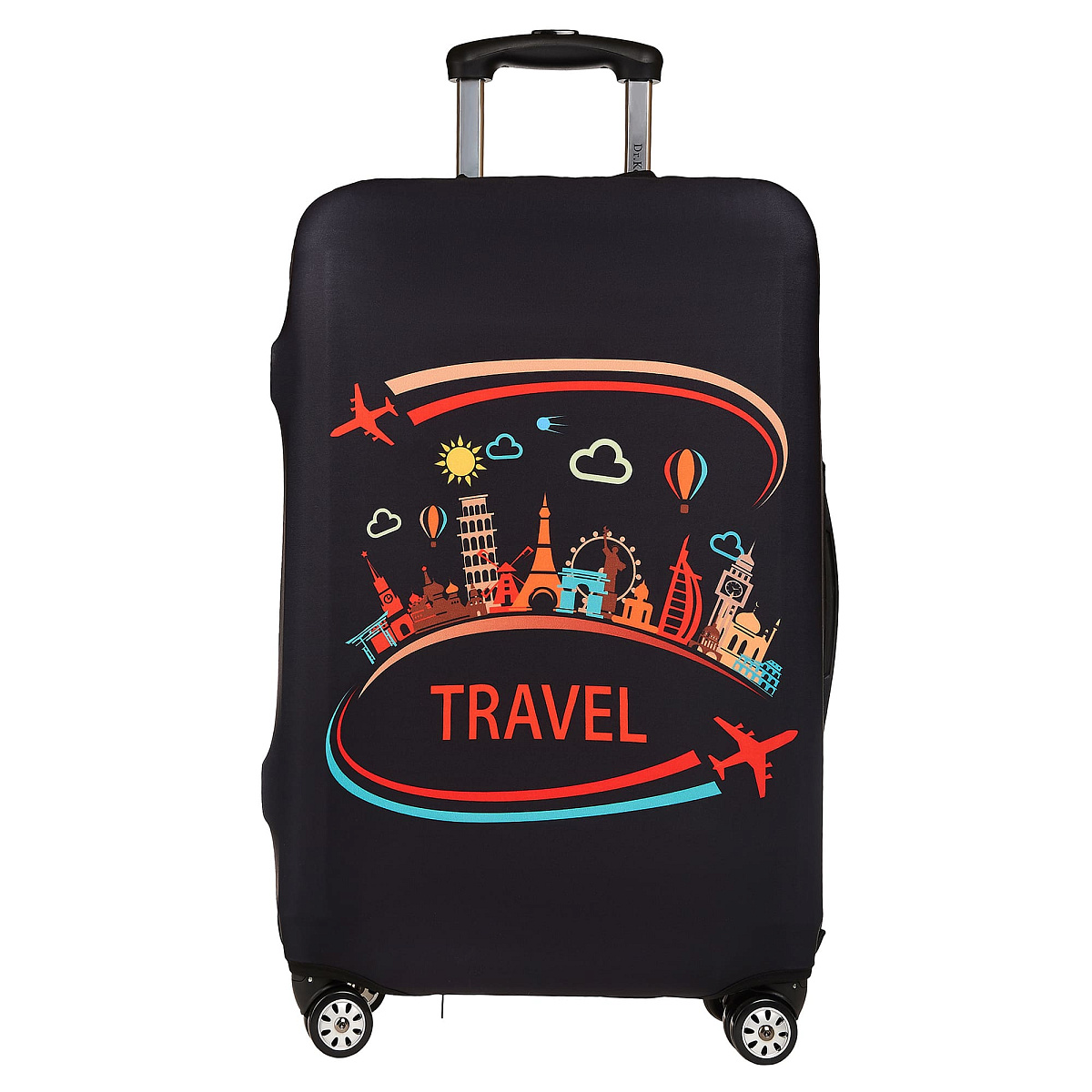 Чехол для чемодана M Dr.Koffer черный с рисунком"TRAVEL"