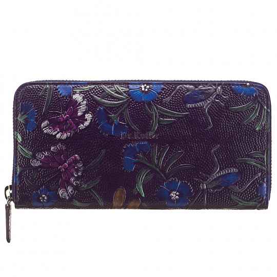 Темно-синее женское портмоне из кожи с рельефными стрекозами и цветами и конструкцией "гармошка" Dr.Koffer X510330-183-60